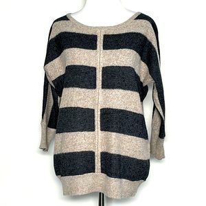 Ann Taylor LOFT Dark Gray & Tan Striped 3/4 Sleeve Knit Sweater Size Large